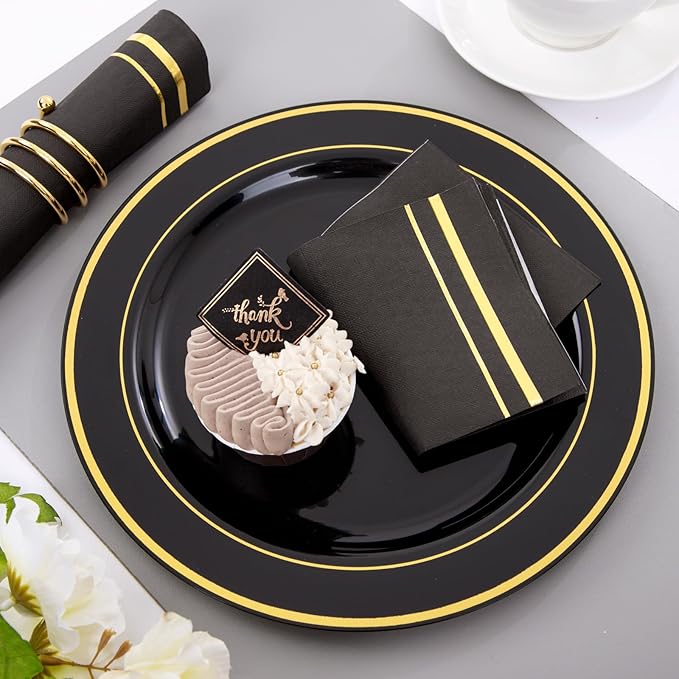 BUCLA 100-Count 3-Ply Black and Gold Napkins - Black Paper Dinner Napkins Disposable Premium Quality, Disposable Soft, Absorbent for Party, Wedding, Kitchen&New Year
