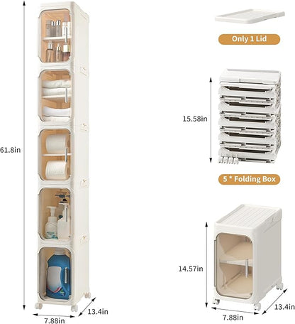 Narrow Bathroom Storage Cabinet with Wheels,5-Tier Plastic Slim Organizer with Adjustable Shelves for Small Spaces,Bathroom, Kitchen, Cream White