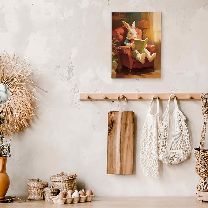 TLESKE Funny Reading Bunny Rabbit Wall Art Decor, Bunny Rabbit Canvas Wall Art Print for Reading Nook Reading Corner Bedroom Living Room, Easter Bunny Wall Artwork Picture, 11x14