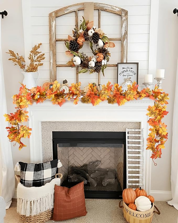 DearHouse 6 Pack Fall Garland Maple Leaf Clearance, 5.9Ft/Piece Hanging Vine Artificial Autumn Garland Thanksgiving Decor for Home Wedding Fireplace Party Christmas (Yellow)