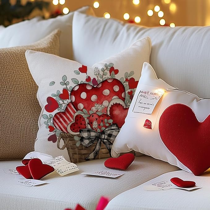 GEEORY Valentine's Day Love You More Home Sweet Home Throw Pillow Covers 18x18 Inch Set of 4, Eucalyptus Hearts Truck Stripes Decorative Farmhouse Wedding Cushion Case for Home Decoration G653-18