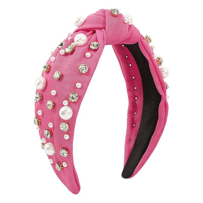 JILIYUPA Carnival Headband Rhinestone Cross Knotted Turban Hair Hoop Carnival Crystal Twist Velvet Wide Hairband Party Hair Accessory (Rose red, pink)