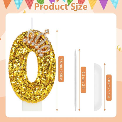 Gold Birthday Candle Crown Number 0 Candle with Sequins Cake Candles Cupcake Decorations Party Decor for Anniversary Celebrations Supplies