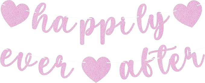 Pre-Strung Happily Ever After Banner - Pink Glitter Bachelorette Bridal Engagement Party Decoration Supplies, Bachelorette Wedding Party Banner for Engagement, Bridal Shower, Wedding Party Photo Booth Props