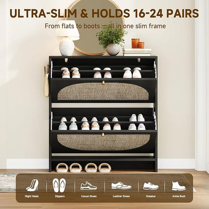 Nicetree Rattan Arched Accent Shoe Cabinet - Freestanding Ultra Slim for Entryway, 2 Flip Drawers & 3-Tier Adjustable Shelves, Farmhouse Modern Rustic Shoe Rack for Hallway Foyer, Black