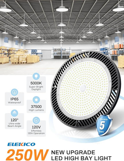 Super Bright 250w UFO LED High Bay Light 35000lm with Plug 5ft Cable (Eqv.1000w Mh/Hps/Hid),5000k High Bay Led Shop Lights Garage Lighting for Garage Factory Workshop Warehouse Barn -6pack