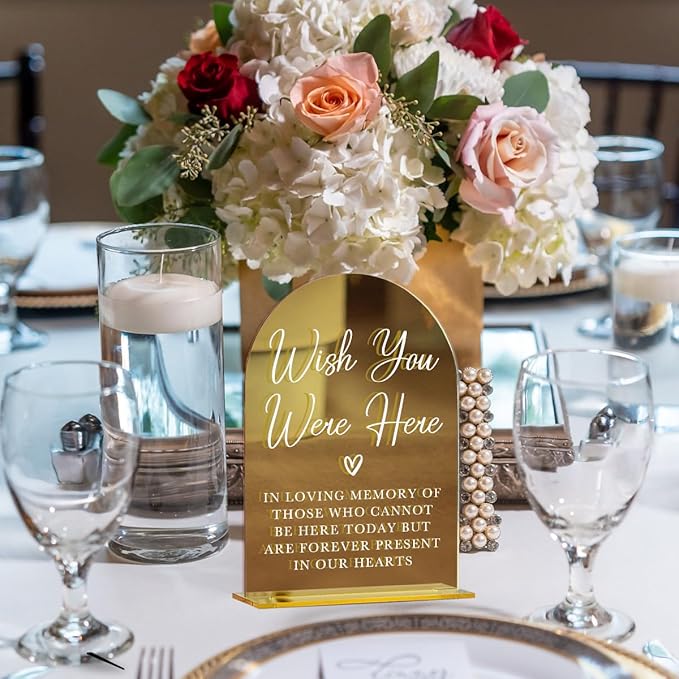 Acrylic Wedding Sign, Bridal Shower Decorations, Wish You Were Here Sign for Ceremony, Modern Font Table Signs, Gold Mirror Arched Acrylic Tabletop Signs for Wedding Reception and Event Party