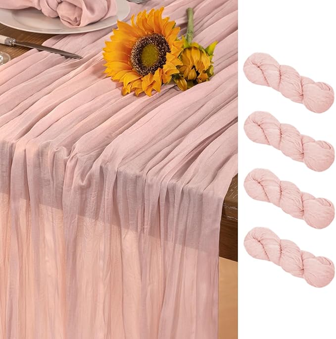 Pink Cheesecloth Table Runner 4 Pack Christmas Table Runners Boho Gauze 120 Inches Light Pink Cheese Cloth Table Decor for Xmas Holiday Season Wedding Bridal Girl Baby Shower Sweet 16 Party