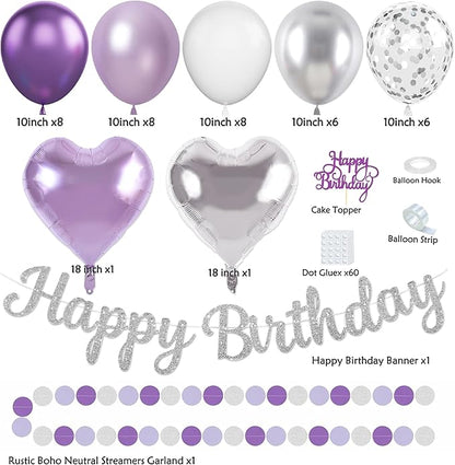 Purple Silver Birthday Party Decorations Kit with Happy Birthday Banner, Paper Lanterns, Streamers, Tissue Pom Poms, Honeycomb Flower Fans, Silver and Purple Balloons, & More for Women Girls' Party