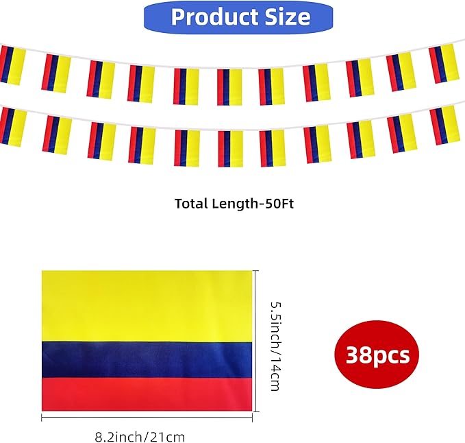 Colombia Small String Flags, 50 Feet 38 Pcs Colombian Pennant Banner Bunting Flags, Patriotic Events, Independence Day, Country Festival, Commemoration, Decorations (Colombia)