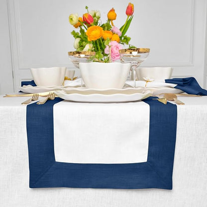 Solino Home Linen Table Runner 60 Inches - 100% Pure Linen Indigo Blue and White Table Runner 14 x 60 Inch Ideal for Dresser and Coffee Tables - Contempo - Thanksgiving