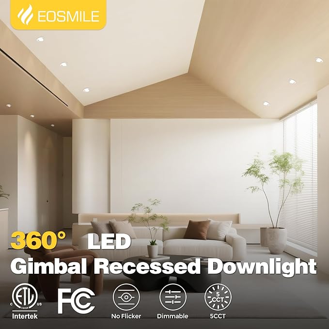 4 Inch 12 Pack Gimbal LED Recessed Lighting, 12W 1100LM CRI90+, 360°&90° Adjustable Eyeball Directional Wafer, 2700K 3000K 3500K 4000K 5000K Selectable, ETL&FCC