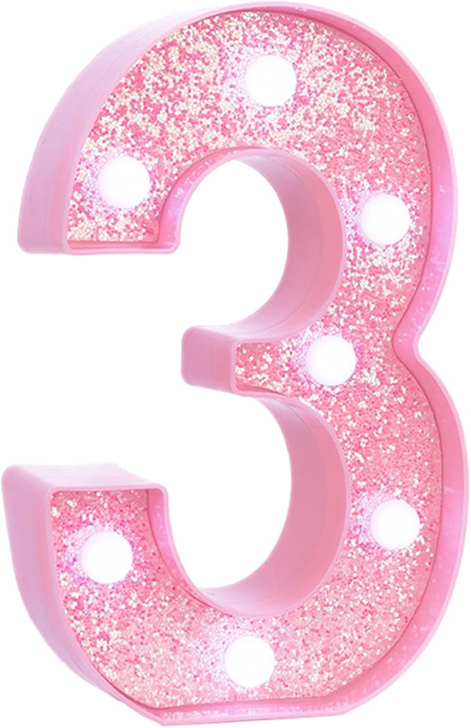 Pink LED Light Up Marquee Numbers, Glitter Lighted Numbers Signs Battery Operated for Girls 3rd 13th 23th Birthday Party Decorations, Room Table Top Decor, Pink Number 3 with Cool White Lights