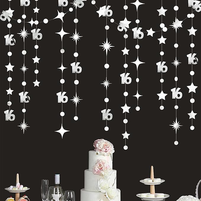 Silver 16th Birthday Decorations Number 16 Circle Dot Twinkle Star Garland Metallic Banner Backdrop for Girls Boys Happy 16th Birthday Sweet Sixteen 16th Anniversary Cheers to 16 Years Party Decor