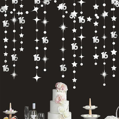 Silver 16th Birthday Decorations Number 16 Circle Dot Twinkle Star Garland Metallic Banner Backdrop for Girls Boys Happy 16th Birthday Sweet Sixteen 16th Anniversary Cheers to 16 Years Party Decor