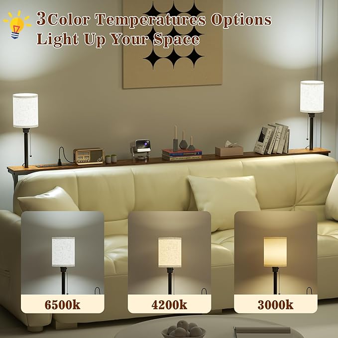 keomaisyto 78.8" Long Sofa Table with Lights & Charging Station - 4 AC outlets, 22"-32" Height Adjustable Behind Couch Console Table, Narrow Console Table, Slim Design for Living Room, Rustic Brown