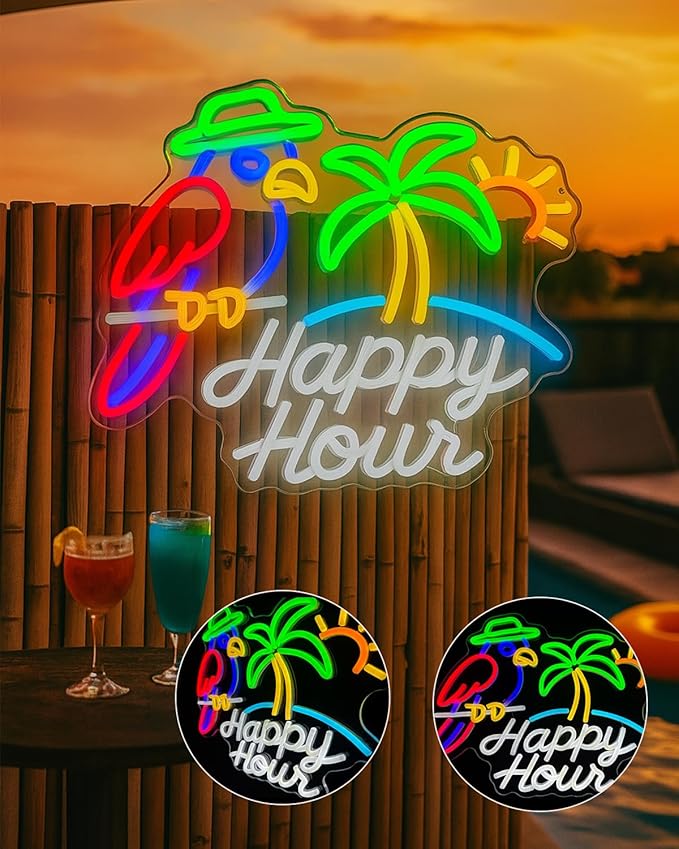 Happy Hour Dimmable Neon Sign 15.7”×12.6” with Parrot, Palm Tree & Sun, Tropical LED Wall Light for Tiki Bar, Home Bar, Beach Party Decor, USB Powered