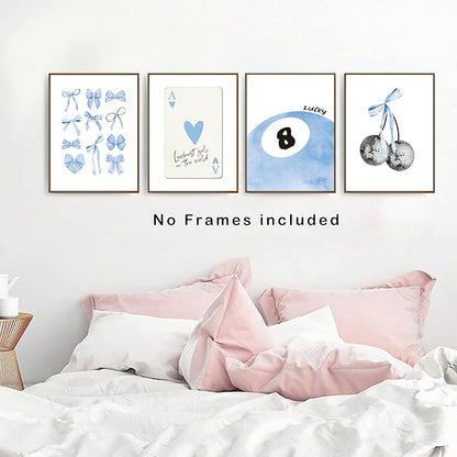 okaxscm Light Blue Coquette Trendy Preppy Wall Art Prints Set of 4,Coquette Preppy Room Decor,Blue Bow Disco 8 Ball Cherry Wall Decor Posters for Girls Bedroom Dorm,12x16 Unframed