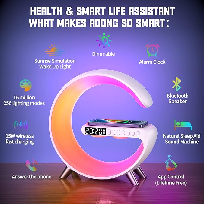 Smart LED Table Lamp, 4-in-1 Wireless Charger, Night Light, Alarm Clock, and Bluetooth Speaker with App Control for Bedroom, Office, and Home Decor (Black)