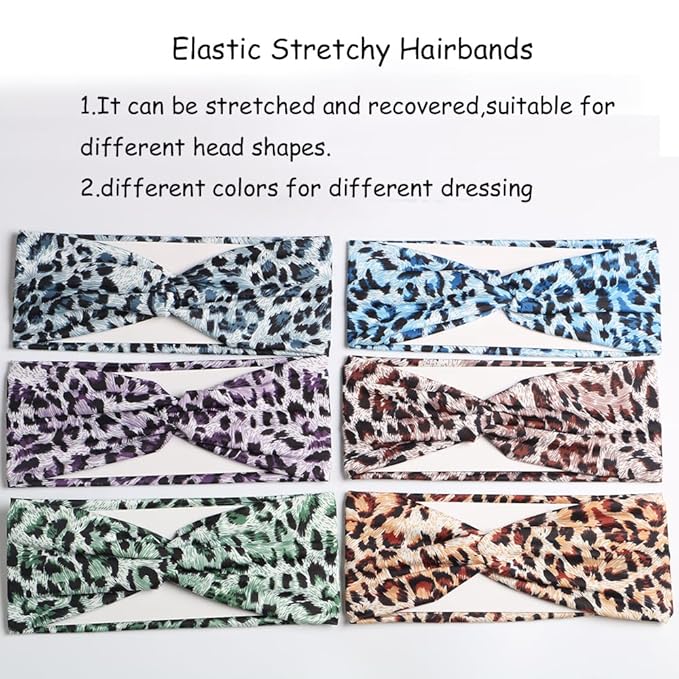 6PCS Women Leopard Boho Headbands,Boho Floal Style Criss Cross Head Wrap,Wide Top Knot Turban Hair Band (Leopard print)
