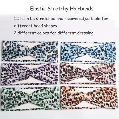 6PCS Women Leopard Boho Headbands,Boho Floal Style Criss Cross Head Wrap,Wide Top Knot Turban Hair Band (Leopard print)