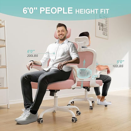 Synorla Office Chair Ergonomic Desk Chair, 330LBS Capacity, High Back Computer Design for Long Hours Comfort, Rolling Swivel Executive Task for Home Office with Flip-up Armrests（White Pink）