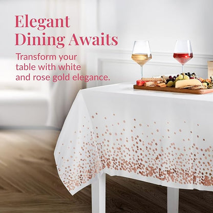 Prestee Rose Gold Plastic Table Cloth Disposable, 4 Pack - 54x108 Inch Rectangle Tablecloths for Wedding and Party - Heavy-Duty, Waterproof Table Covers - Pink and Gold, for Birthday or Fine Dining