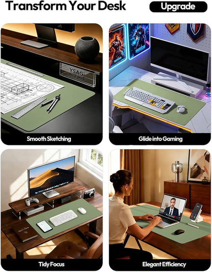 YSAGi Leather Desk Protector, Office Mat, Large Mouse Mat, Non-Slip PU Leather Blotter, Laptop Desk Pad, Waterproof Writing Pad for Office and Home (Bamboo Green, 47.2" x 23.6")