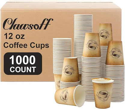12 oz 1000 Pack Disposable Paper Coffee Cups, Hot/Cold Beverage 12oz Disposable Coffee Cups, Retro Design, Leak-Proof, Hot or Cold Drink, Cocoa, Chocolate, Coffee Bar Supplies