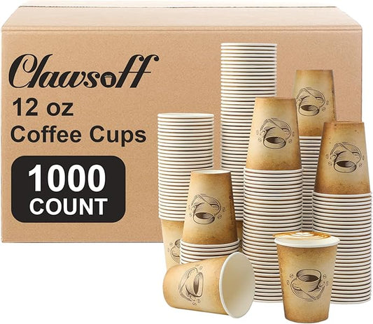 12 oz 1000 Pack Disposable Paper Coffee Cups, Hot/Cold Beverage 12oz Disposable Coffee Cups, Retro Design, Leak-Proof, Hot or Cold Drink, Cocoa, Chocolate, Coffee Bar Supplies