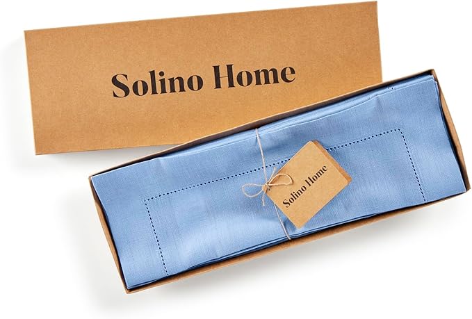 Solino Home Linen Cloth Placemats Set of 4-100% Pure Linen Hemstitch Cornflower Blue Placemats 14 x 19 Inch - Classic Hemstitch Table Place Mats for Christmas, Holiday, New Year