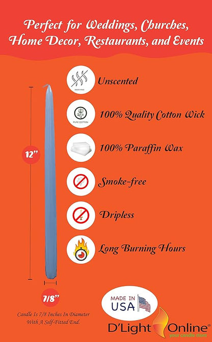 D'light Online Elegant Unscented Light Blue Taper Premium Quality Candles Hand-Dipped, Dripless and Smokeless - Set of 12 Individually Wrapped (12 Inch, Light Blue)