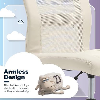 Serta Essential Armless TaskChair, Small Desk Chairs with Wheels, Breathable Mesh Back and Faux Leather, Quality Foam Cushion Seat for Comfort, Minimal Design for Vanity Table, Cream White