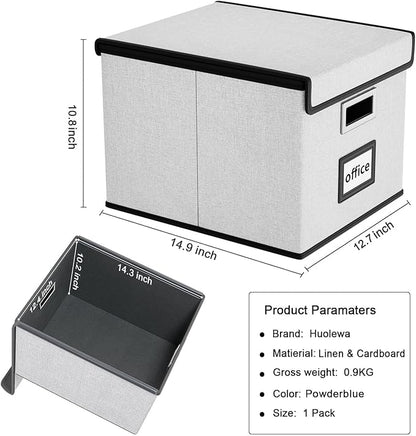 Huolewa File Organizer Box with Lid, Collapsible File Folder Organizer for Office Document Storage, Filing Box with Plastic Slide for Letter Size Hanging File Folders(1 Pack, Light Grey)