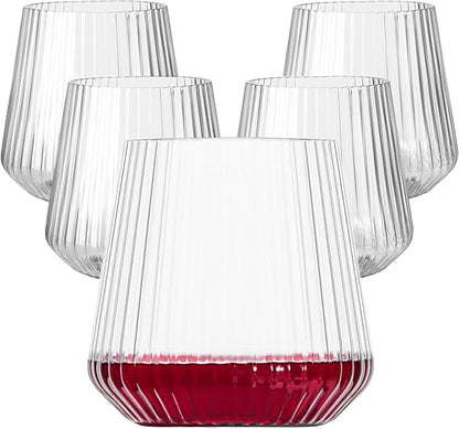 20 Pack Plastic Ribbed Wine Glasses, 14Oz Origami Disposable Wine Glasses Unbreakable Clear Plastic Cocktail Glasses Recyclable Shatterproof Reusable Wine Cups (14oz-20pack)