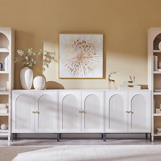 Modern Buffet Cabinet with Storage, 92.63" W Fluted Arched Sideboard Cabinet w/Adjustable Shelves, Wooden Modular Coffee Bar for Dining Room, Kitchen, Living Room, Entryway, White