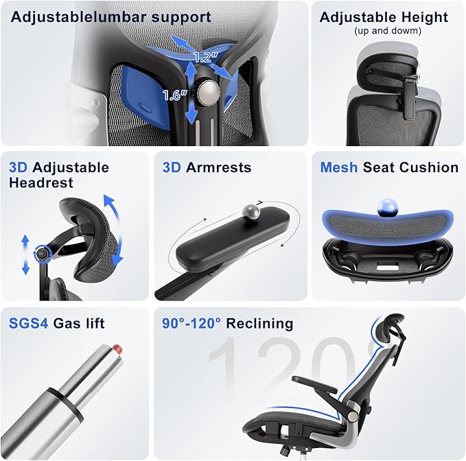 Ergonomic Office Chair, Mesh Seat Cushion with 3D Armrests and 3D Headrest, Adjustable Lumbar Support with 90-120° Rocking Function, Black