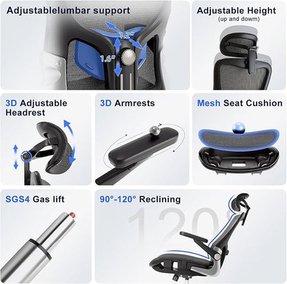 Ergonomic Office Chair, Mesh Seat Cushion with 3D Armrests and 3D Headrest, Adjustable Lumbar Support with 90-120° Rocking Function, Black