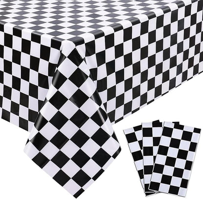 Kesfey 3 Packs Black and White Checkered Tablecloths 54 x 108 Inches Disposable Plastic Checkered Flag Racing Table Cover Waterproof Rectangle Race Car Table Cloth for Picnic Party Retro Celebration