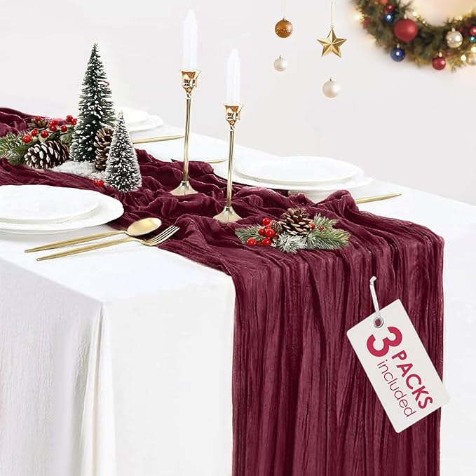 3 Pack Burgundy Table Runner Cheesecloth Gauze Red Table Runner 35x120 Inch Rustic Boho Cheese Cloth Sheer Runner for Wedding Baby Shower Bridal Shower Birthday Party Christmas Decorations