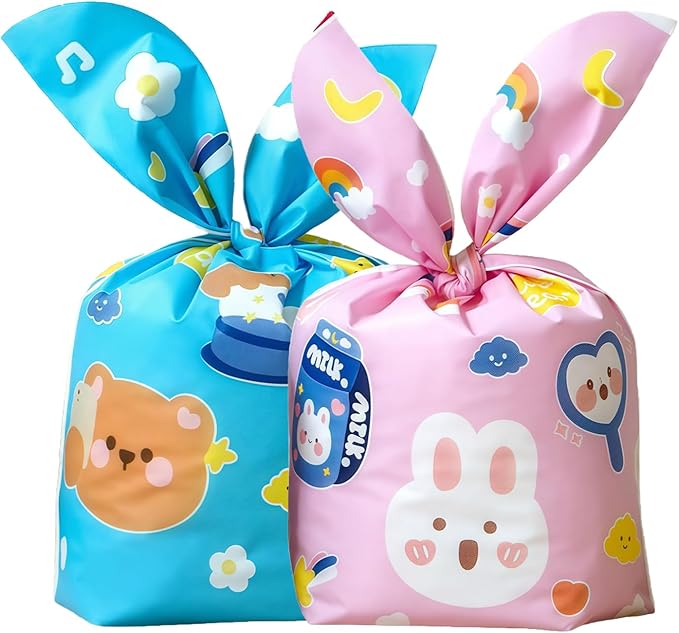 FERENLI 50 Pack Reusable Easter Gift Bags with Bunny Ears Goodie Treat Plastic Snack Candy Bags for Rabbit Bunny Birthday Party Favor Supplies (2 Mixed Colors, 7.1x11.8 inch(18x30 cm))
