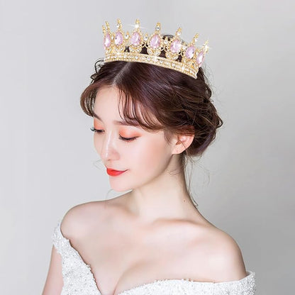 Queen Crown Rhinestone Wedding Crowns and Tiaras for Women Costume Party Hair Accessories Princess Birthday Crown Crystal Bridal Crown (Gold & Pink Crown)