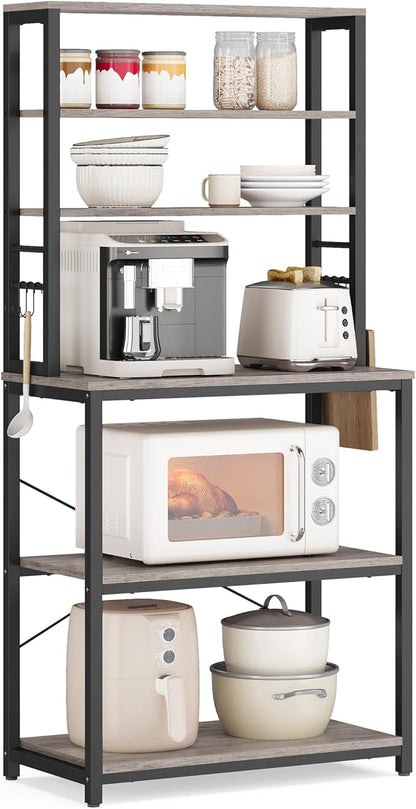 VASAGLE Coffee Bar, 23.6 Inches Baker's Rack for Kitchen with Storage, 6-Tier Kitchen Shelves with 6 Hooks, Microwave Stand, Industrial, Heather Greige and Ink Black UKKS024B02