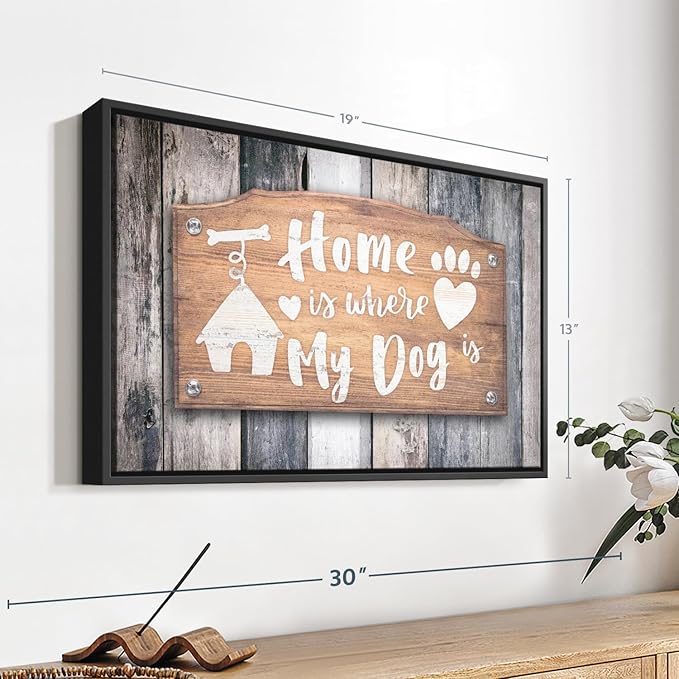 Elephant Stock Home Is Where My Dog Is Wall Art - Horizontal Floating Framed Canvas - 1-Piece Living Room Wall Decor - Pet Digital Art Canvas Print - Gray and Beige Decor for Wall - 19" X 13"
