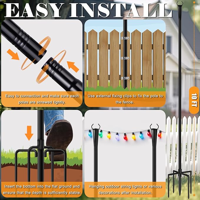 4 Pack 10Ft String Light Poles for Outside, Metal Outdoor Light Poles with 5 Prongs for Garden Patio Backyard Deck, Fence Bracket Hanging Light for Party Wedding Decor
