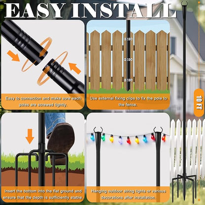 6 Pack 10Ft String Light Poles for Outside, Metal Outdoor Light Poles with 5 Prongs for Garden Patio Backyard Deck, Fence Bracket Hanging Light for Party Wedding Decor