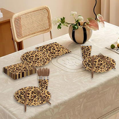 140PCS Leopard Print Party Decorations,Jungle Animal theme Decorations Include Tableware, Plate, Cup, Napkin, Cutlery, Animal Cheetah Print Birthday Party Supplies Serve 20