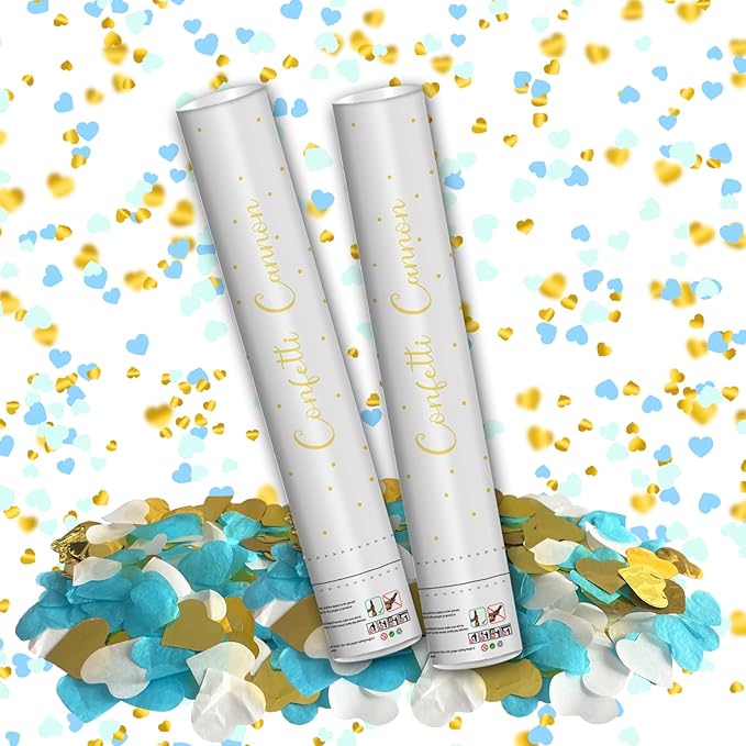 16" Confetti Cannons with Blue & Gold Heart Filling - Party Poppers for Gender Reveal Baby Shower Bridal Shower Valentine Wedding Anniversary - Easy to Use - Pack of 2