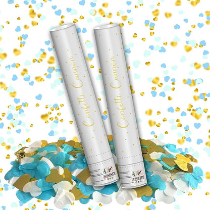 16" Confetti Cannons with Blue & Gold Heart Filling - Party Poppers for Gender Reveal Baby Shower Bridal Shower Valentine Wedding Anniversary - Easy to Use - Pack of 2
