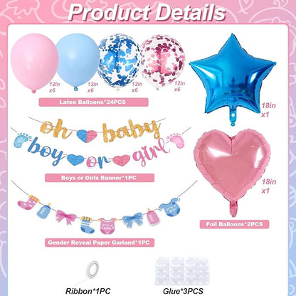 Gender Reveal Decorations Pink Blue Boys or Girls Balloon Set with Star Heart Foil Confetti Balloons Oh Baby Bunting Banner Socks Bottle Paper Garland Pastel Pink Blue Baby Shower Party Decor Kit